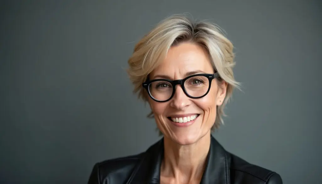 headshot of smiling middle aged woman with black framed glasses