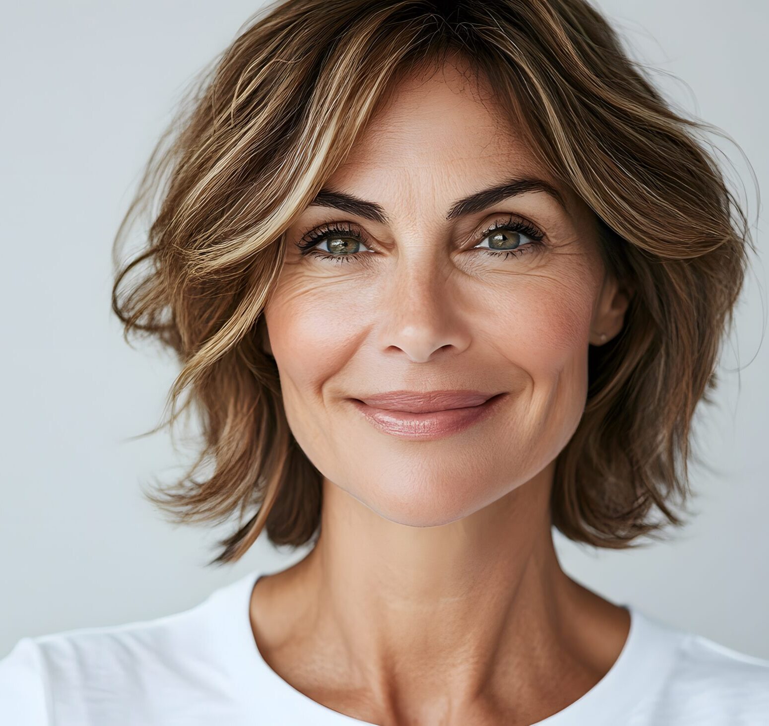 headshot of smiling middle aged woman in a white t-shirt and short cut hair